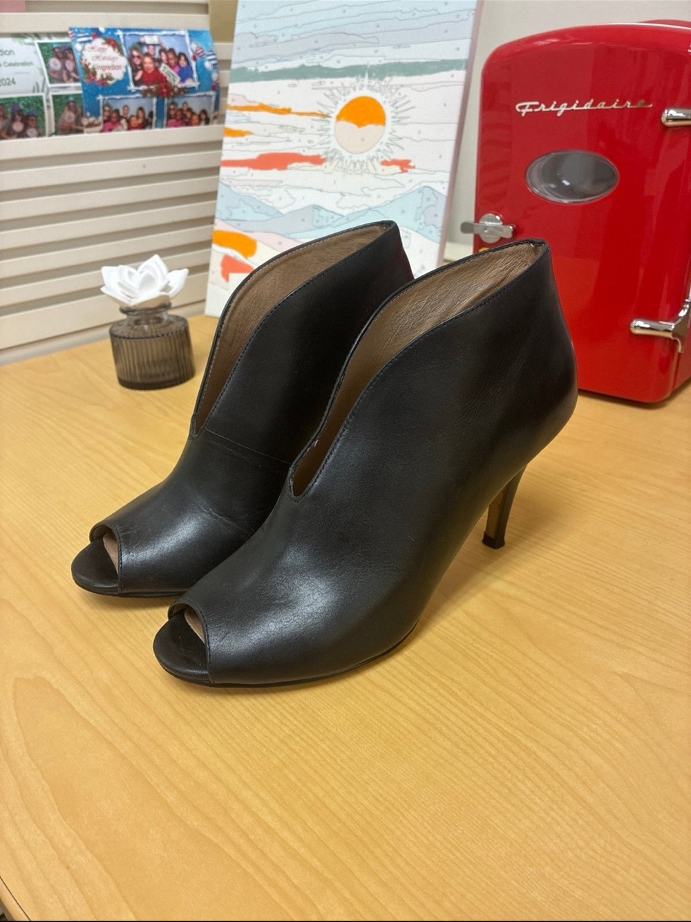 Halogen Black Peep-Toe Leather Ankle Booties